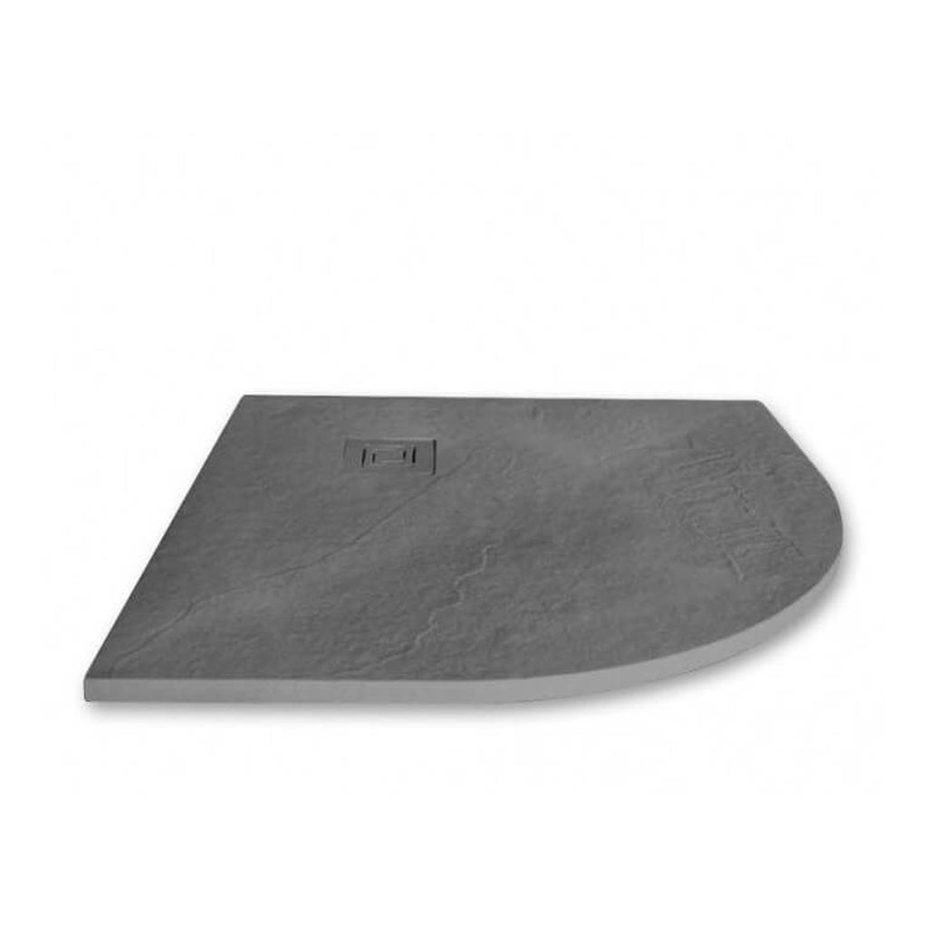 Slate grey bathroom shower tray with a textured surface and built-in drain, designed for modern bathroom renovations and easy installation.