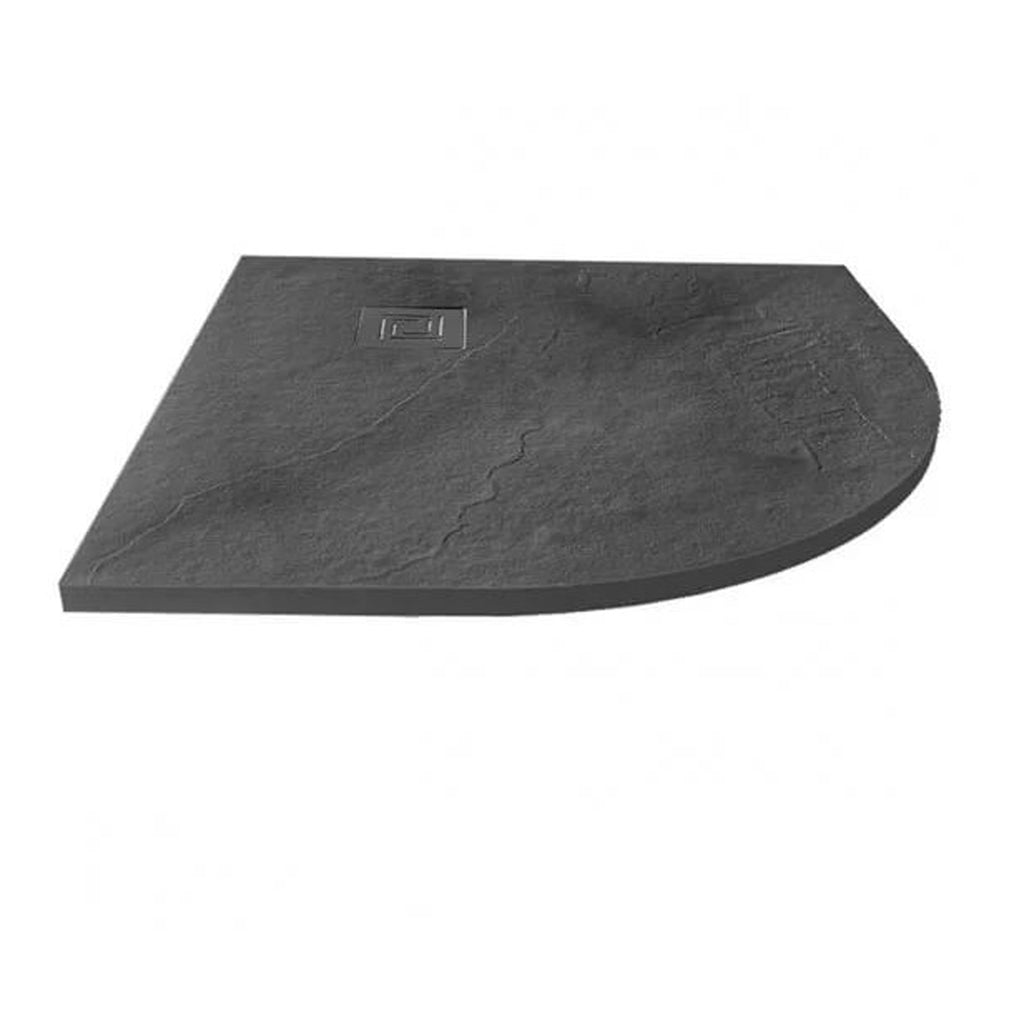 Slate grey shower tray with a modern curved design and integrated drain, ideal for contemporary bathrooms looking for durable, stylish shower solutions.