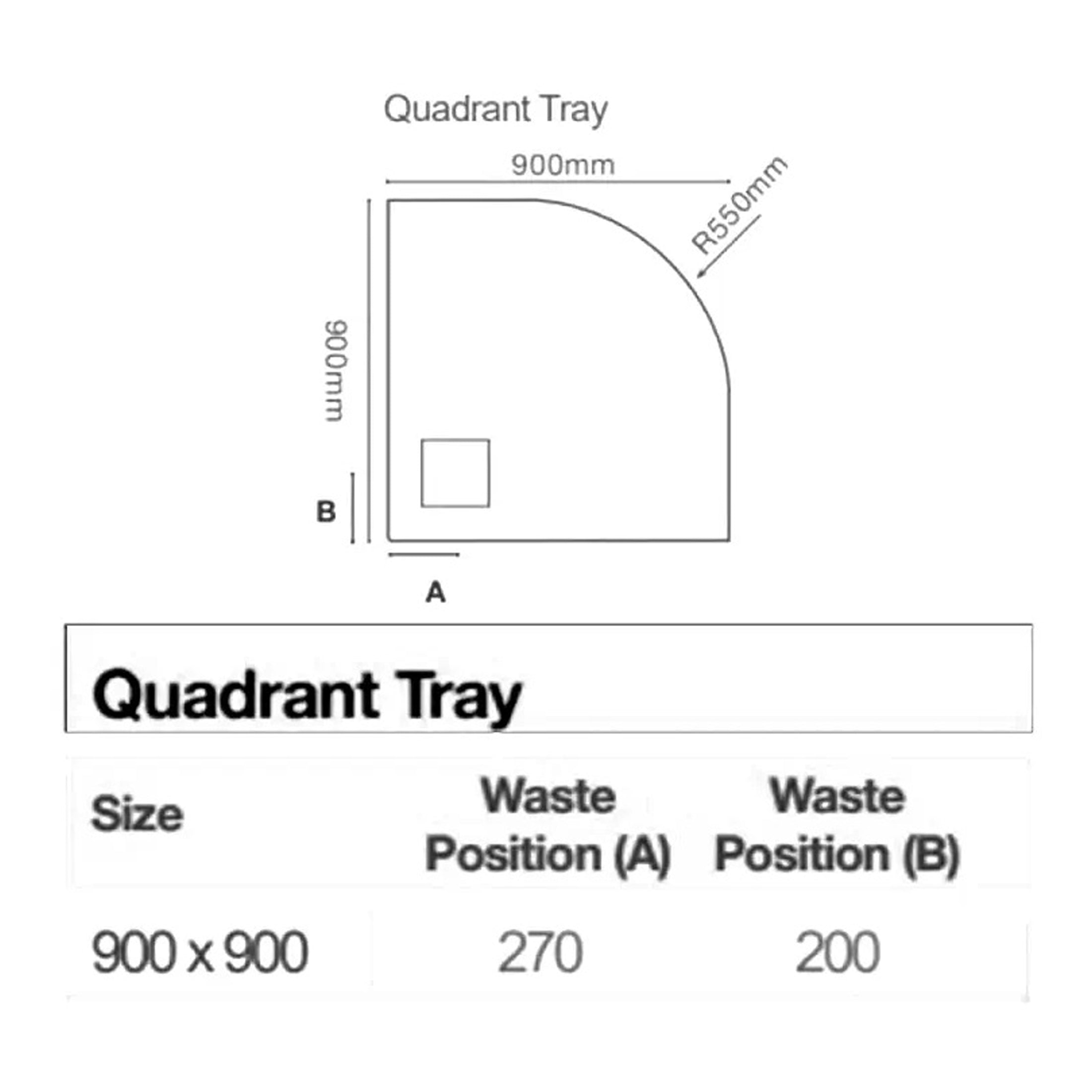 High-quality quadrant shower tray with dimensions 900x900mm, featuring a curved corner and waste positioning details, ideal for modern bathroom designs.