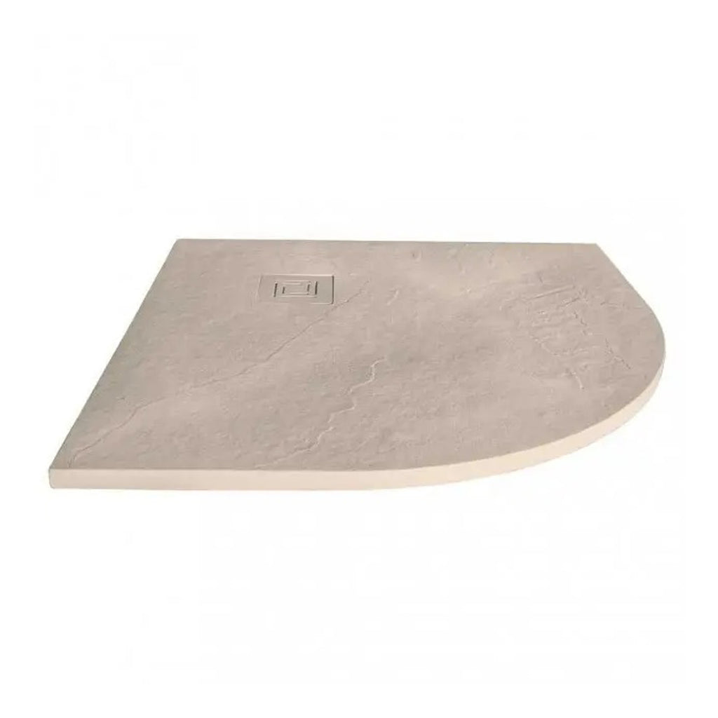 Light beige stone-effect shower tray with a smooth, curved edge and built-in drain, ideal for modern bathroom designs and easy maintenance.
