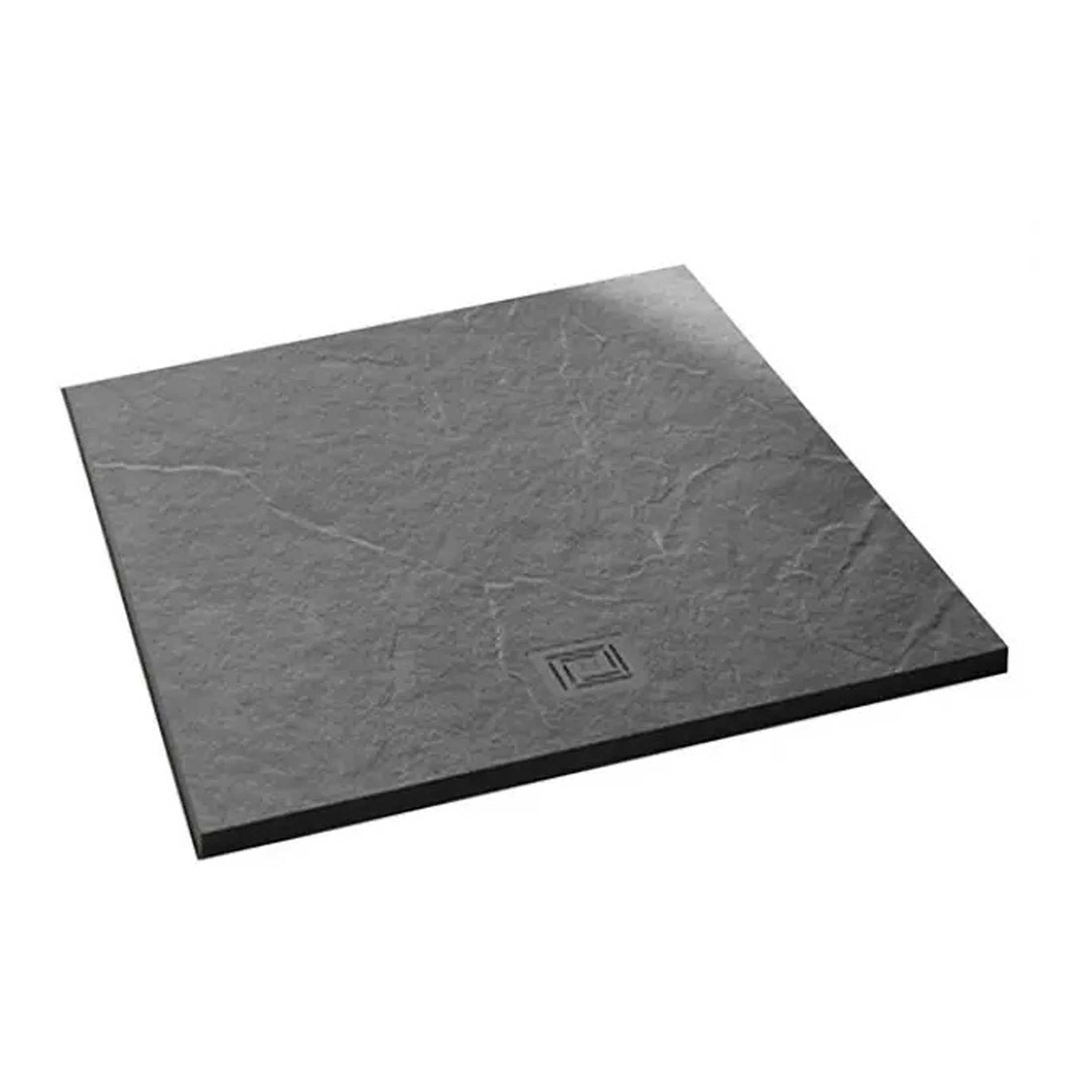 Dark grey stone effect bathroom shower tray with a square drain cover, modern design, durable and easy to clean, ideal for contemporary shower installations.