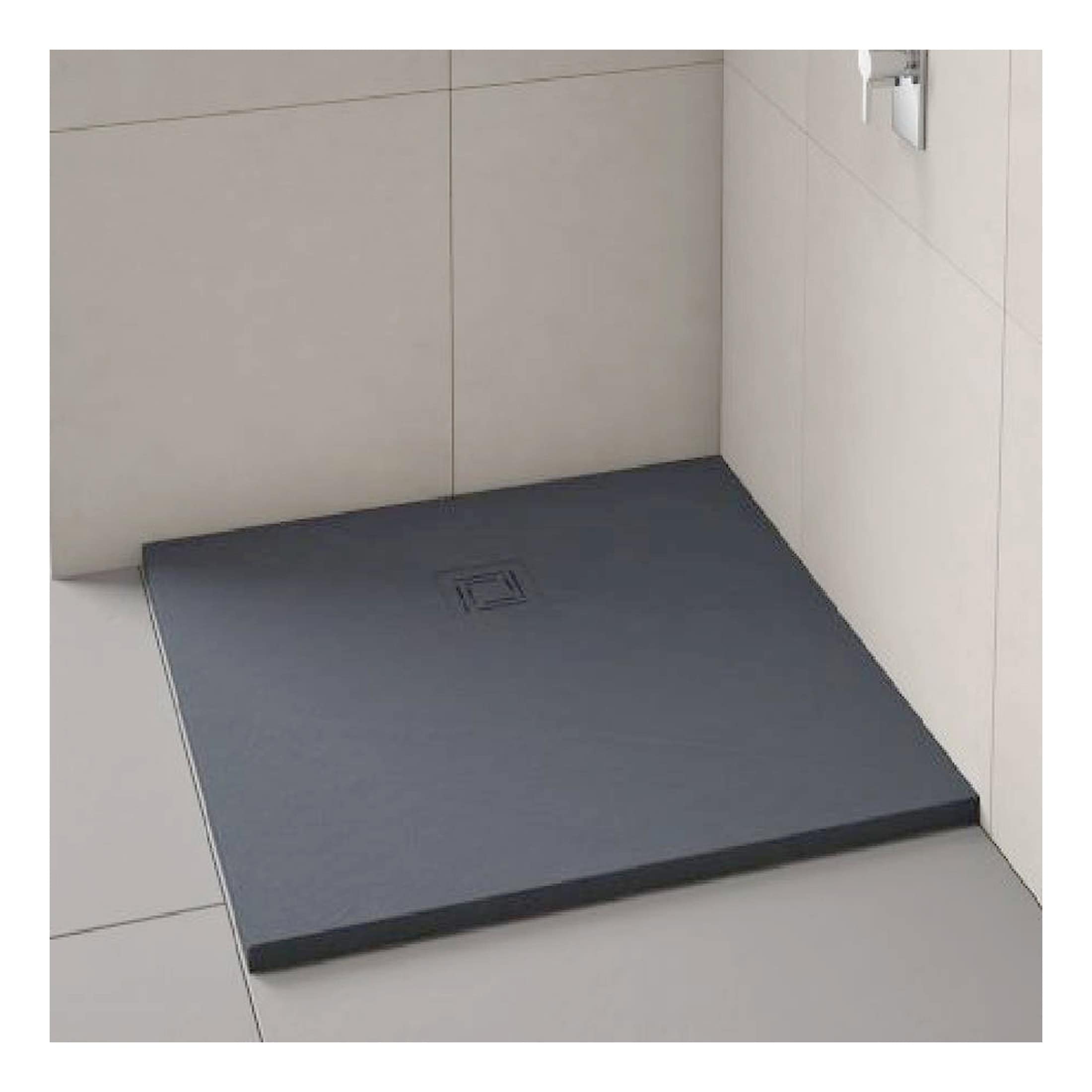 Non-slip grey bathroom shower tray with a central waste drain, sleek design, ideal for modern wet rooms and shower enclosures. Durable and easy to clean for a stylish bathroom upgrade.