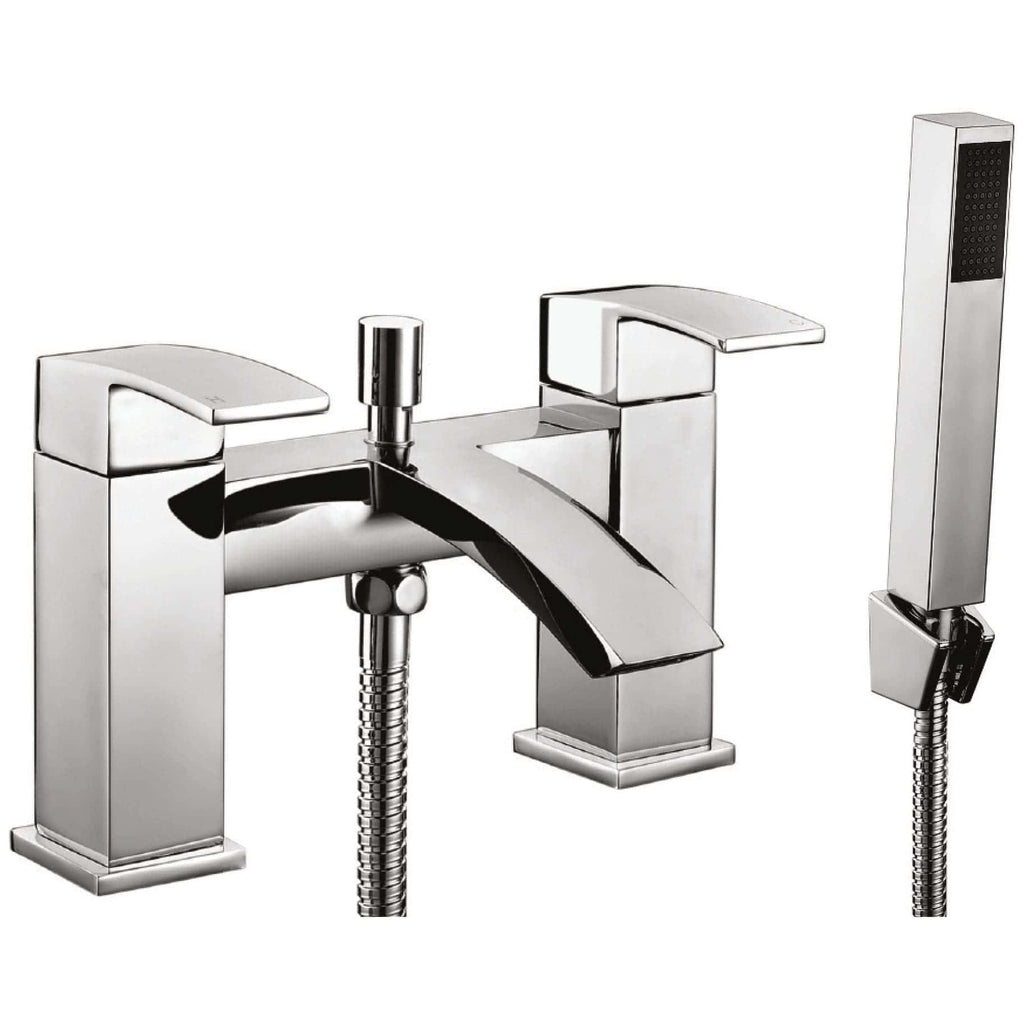 Brass bathroom mixer tap with a modern chrome finish, including a handheld shower attachment, ideal for contemporary bathroom designs and utilising durable, high-quality materials for longevity.