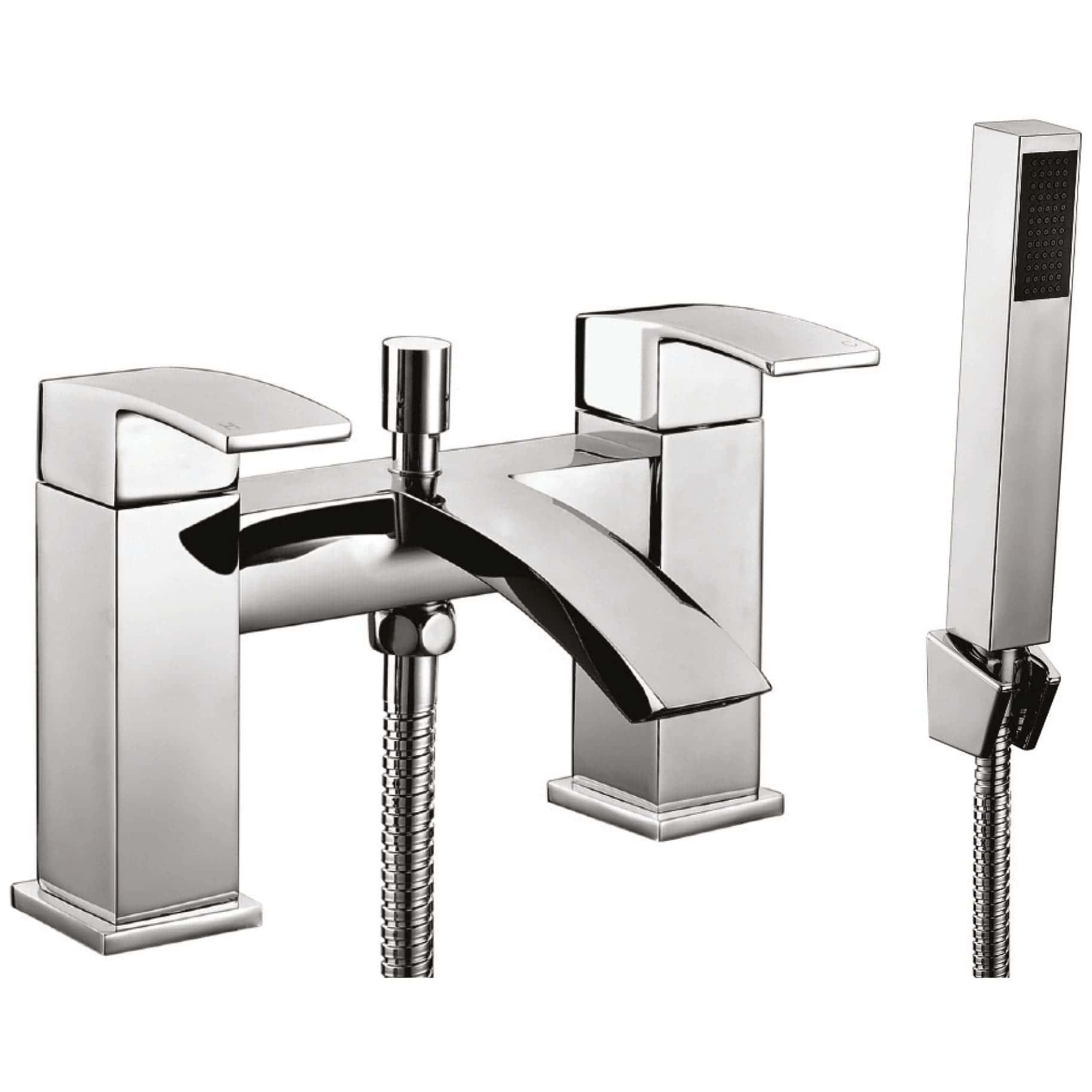 Brass bathroom mixer tap with a modern chrome finish, including a handheld shower attachment, ideal for contemporary bathroom designs and utilising durable, high-quality materials for longevity.
