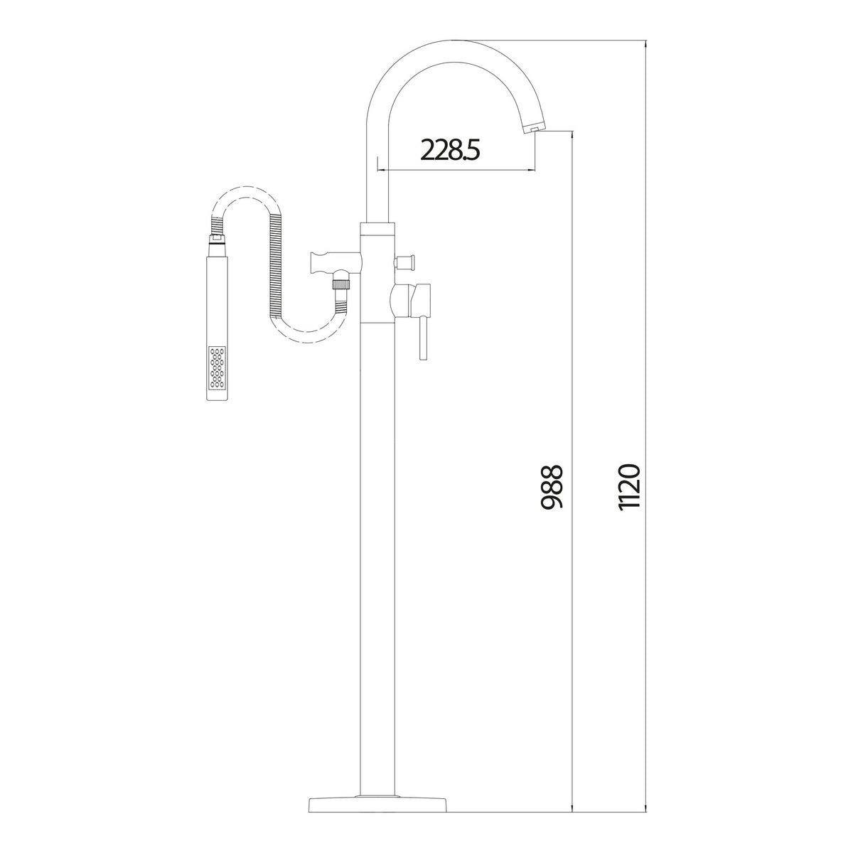 Scudo Premier Freestanding Bath Tap - Chrome - technical drawing with dimensions
