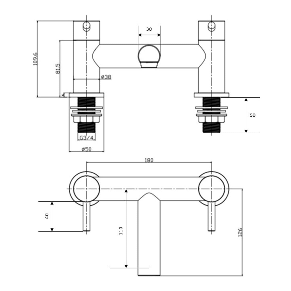 Scudo Premier Chrome Bath Filler Tap - technical drawing with dimensions