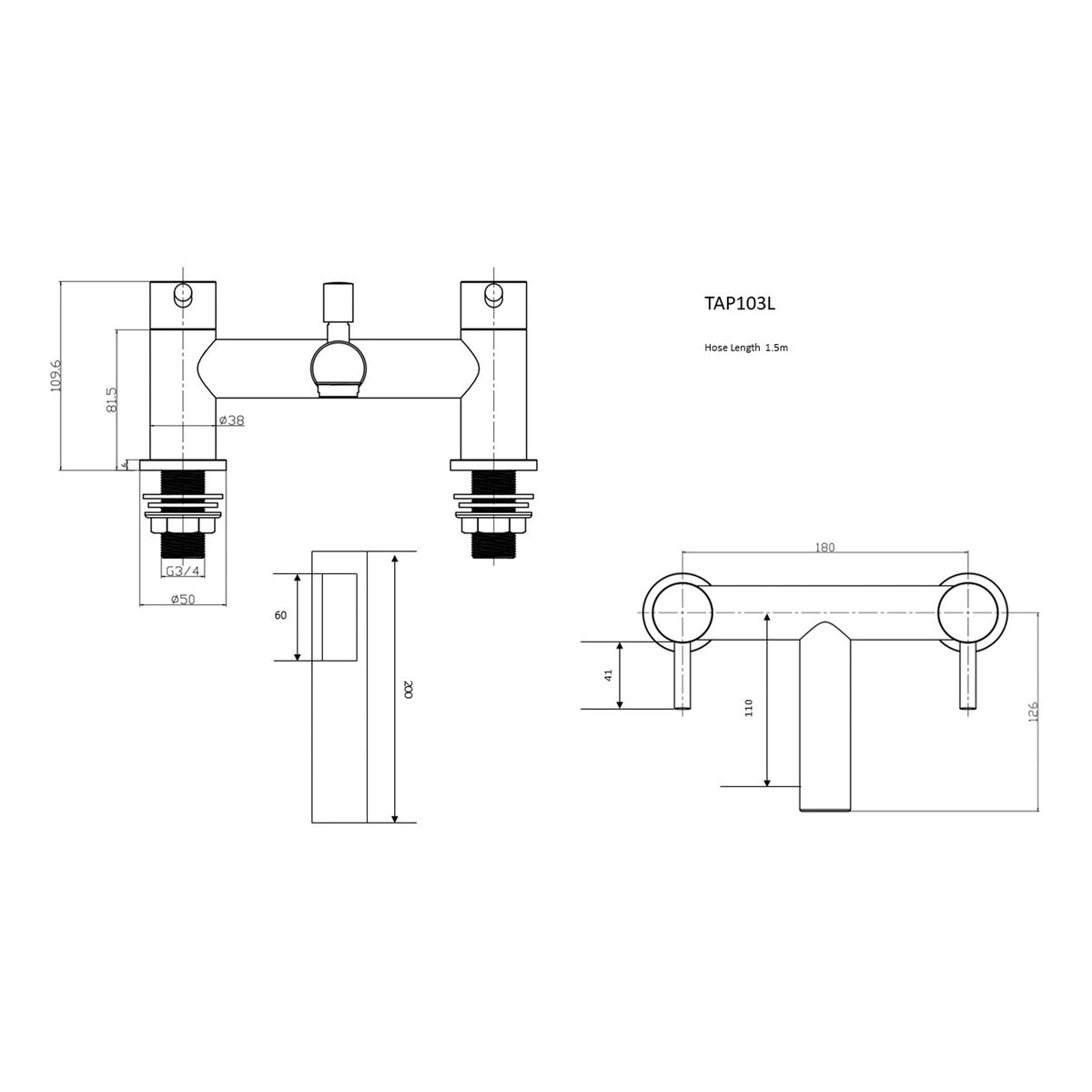 Scudo Premier Chrome Bath Shower Mixer Tap with shower kit and wall bracket - technical drawing with dimensions