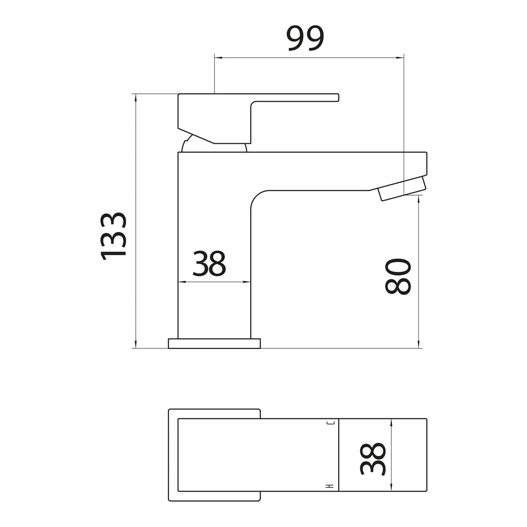 Scudo Lanza Mono Basin Mixer Tap With Push Waste - Chrome - technical drawing with dimensions