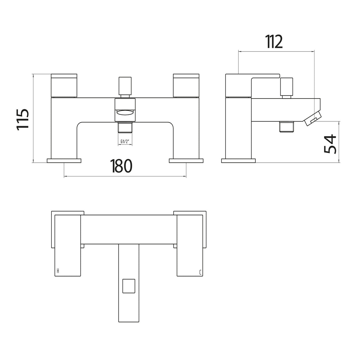 Scudo Lanza Bath Shower Mixer Tap With Shower Kit And Wall Bracket - Chrome - technical drawing with dimensions