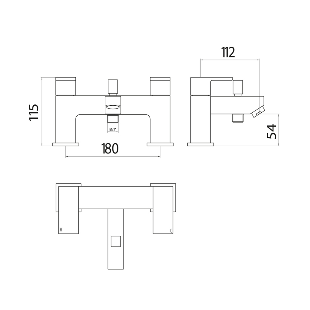 Scudo Lanza Bath Shower Mixer Tap With Shower Kit And Wall Bracket - Chrome - technical drawing with dimensions