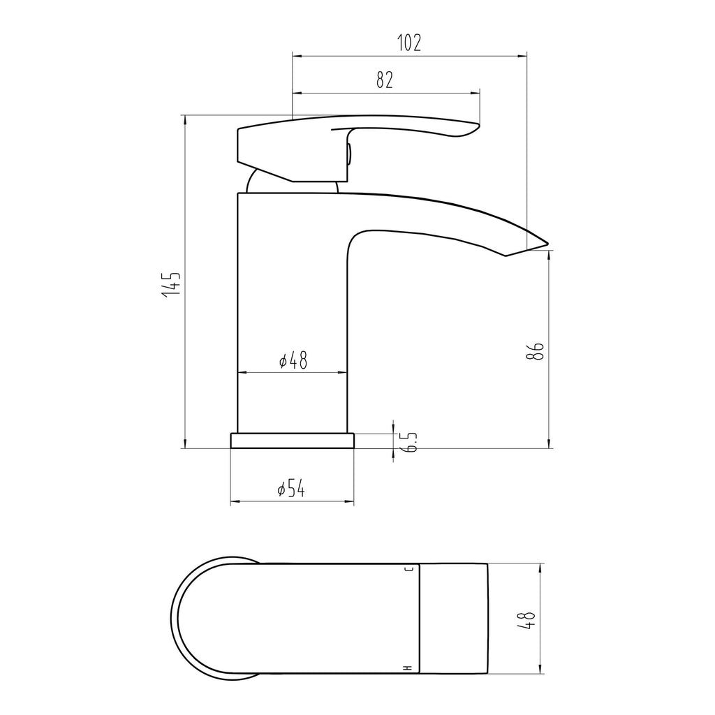 Scudo Belini Mono Basin Mixer Tap With Push Waste - technical drawing with dimensions