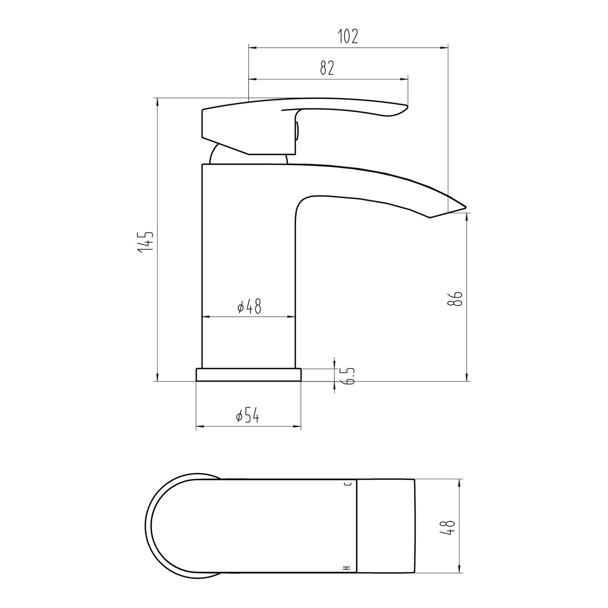 Scudo Belini Mono Basin Mixer Tap With Push Waste - technical drawing with dimensions