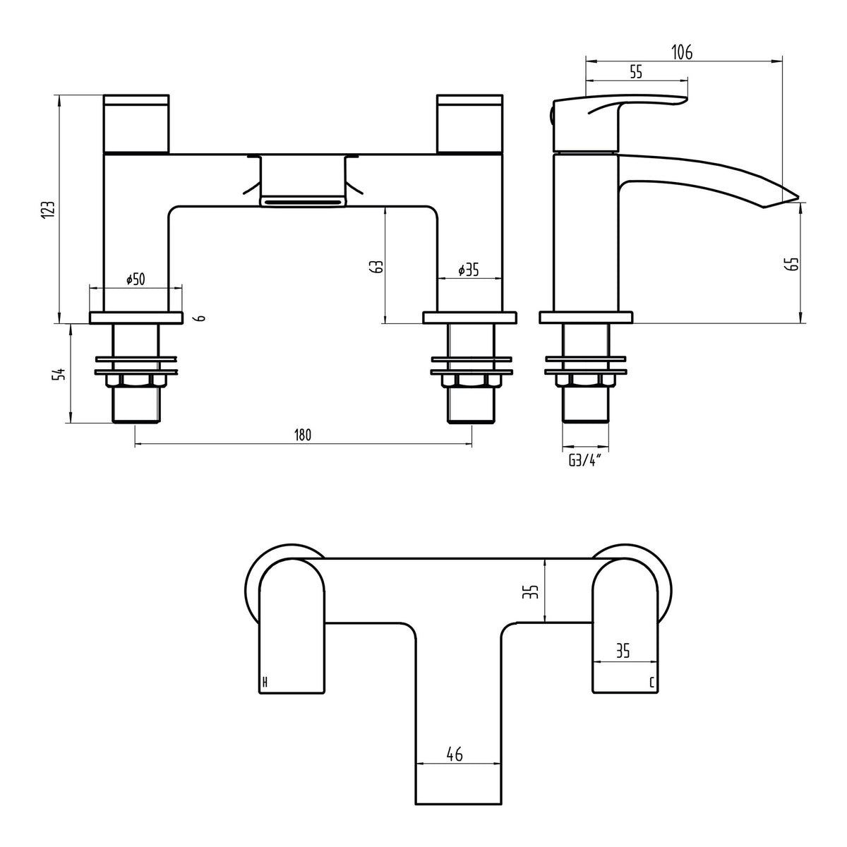 Scudo Belini Bath Filler - technical drawing with dimensions