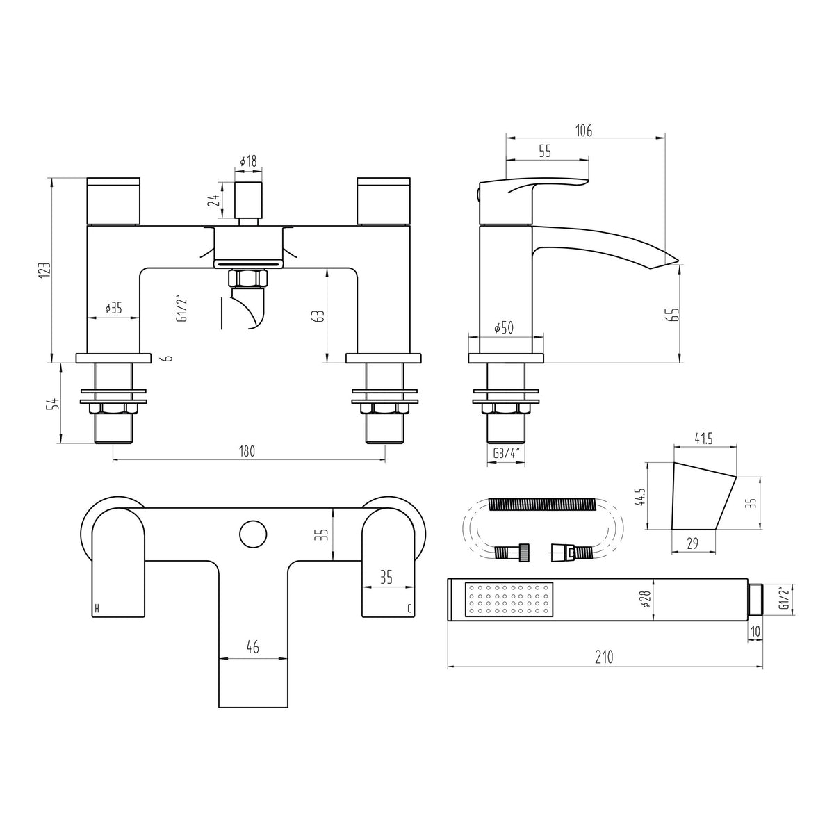 Scudo Belini Bath Shower Mixer Tap With Shower Kit And Wall Bracket - technical drawing with dimensions