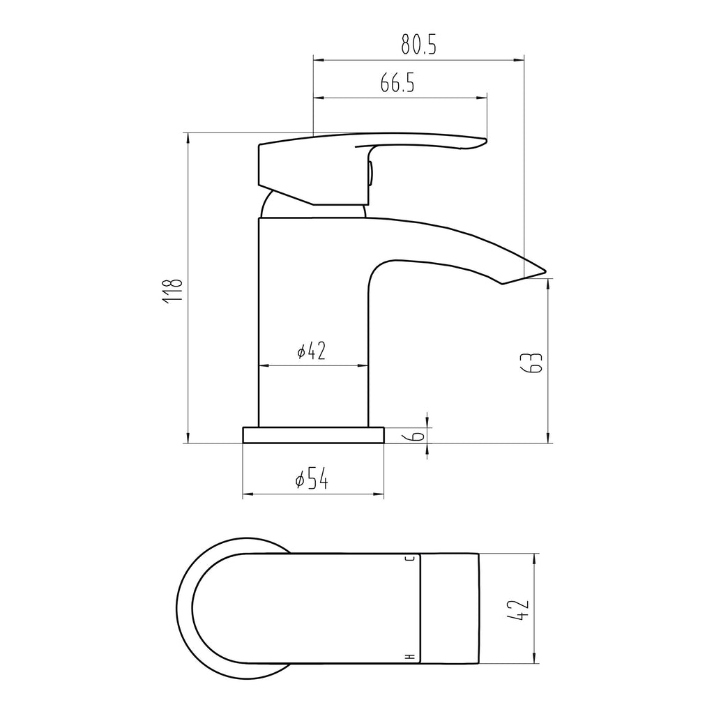Scudo Belini Mini Mono Basin Mixer Tap With Push Waste - technical drawing with dimensions