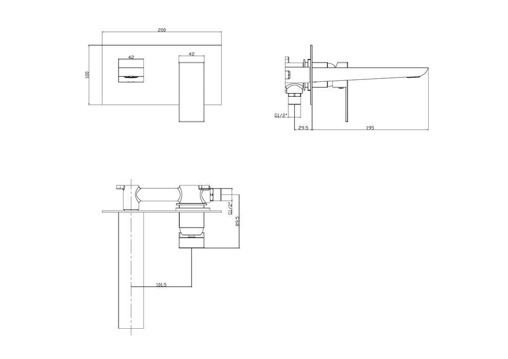 Scudo Muro Chrome Wall Mounted Basin Mixer Tap - technical drawing with dimensions