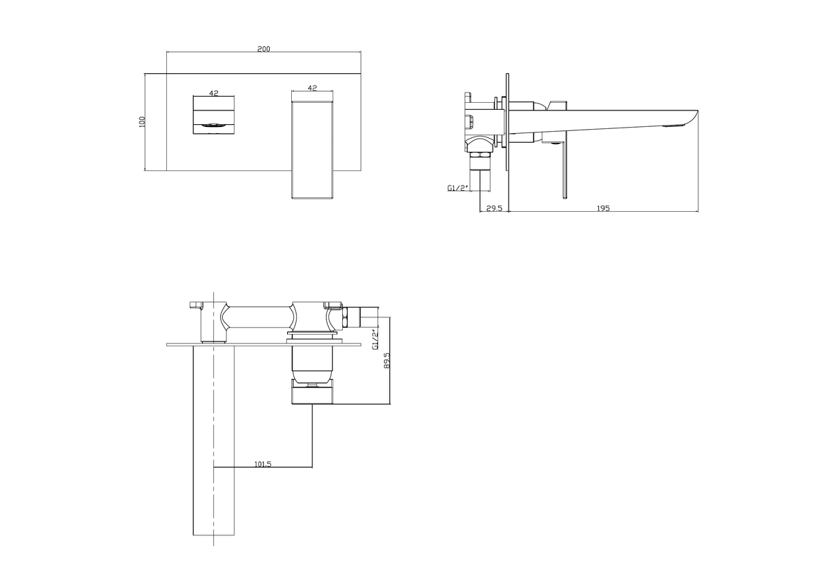 Scudo Muro Chrome Wall Mounted Basin Mixer Tap - technical drawing with dimensions