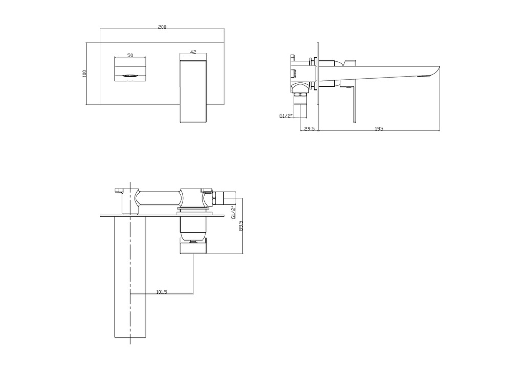 Scudo Muro Wall Mounted Bath Mixer Tap - technical drawing with dimensions