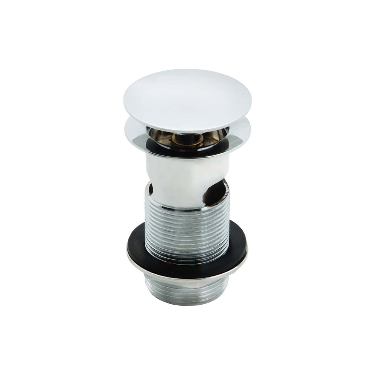 Bright chrome bathtub drain overflow with stopper, modern bathroom plumbing fixture.