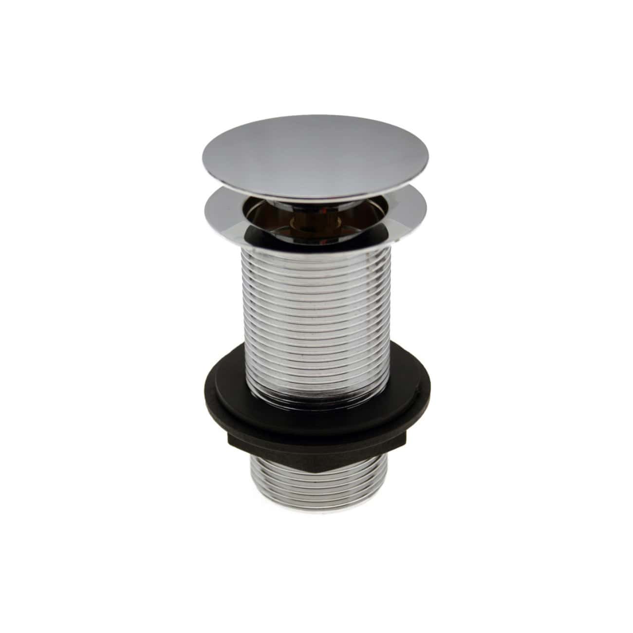 Polished chrome bathroom sink drain strainer with rubber seal, designed for smooth operation and leak prevention. High-quality fittings ensuring durability and style for modern bathrooms.