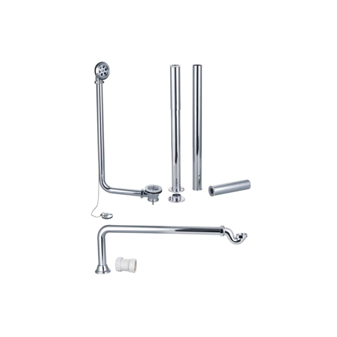 Chrome bathroom tap and pipe installation kit with various fittings for bathroom plumbing.
