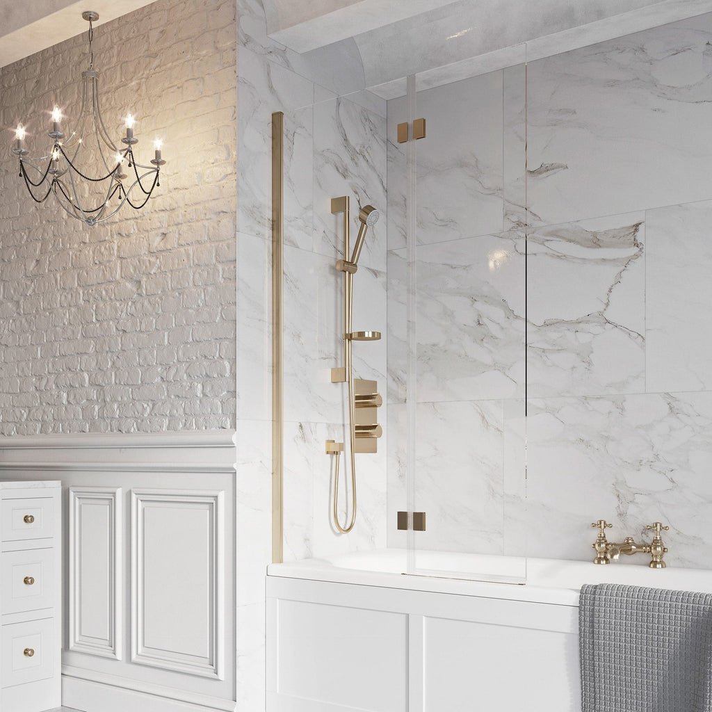 Shower enclosure with marble walls, gold accessories, and a modern shower system in a luxurious bathroom setting.