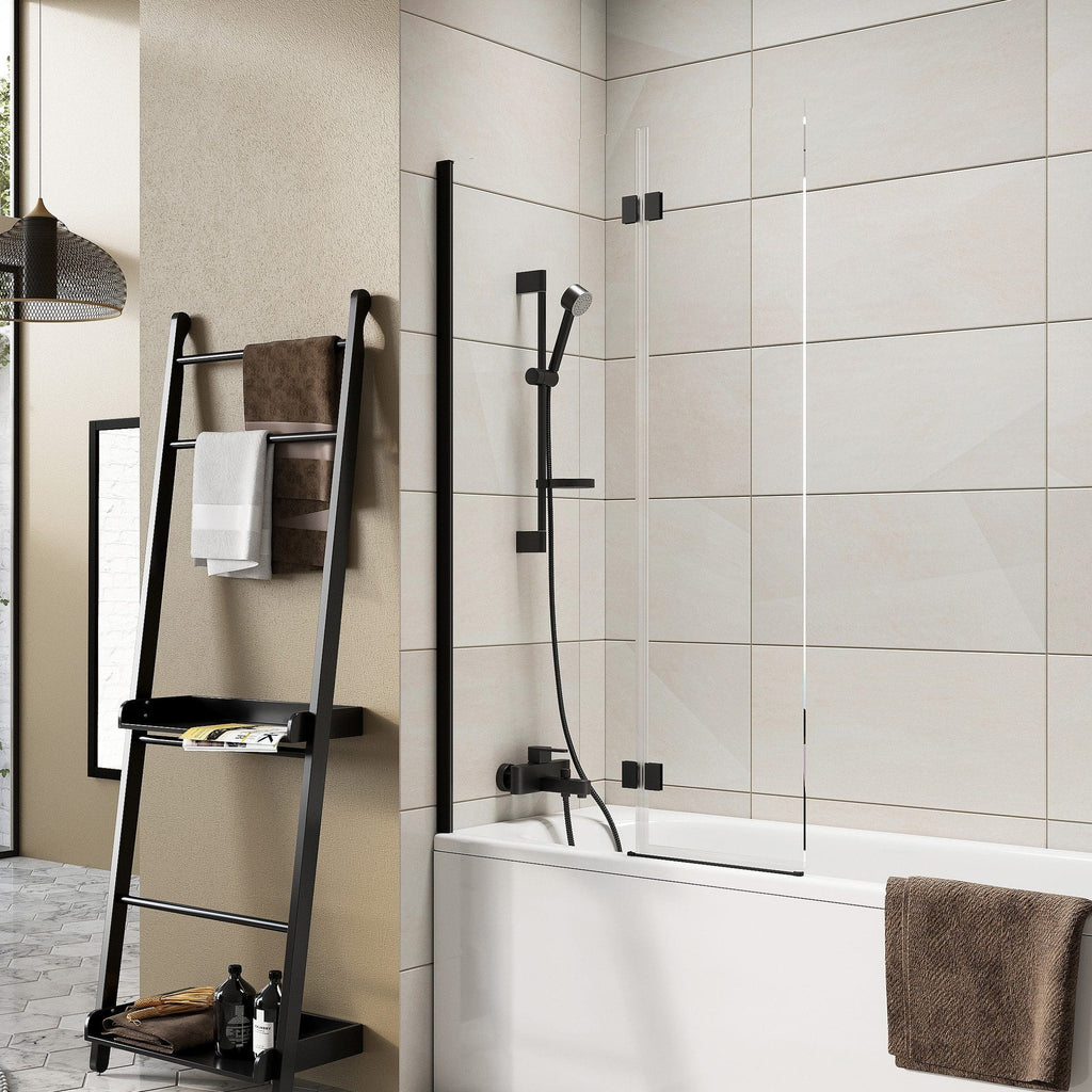 Modern bathroom with a black matte shower panel, glass partition, and bathtub, featuring contemporary decor and towels, creating a sleek and stylish bathing space.