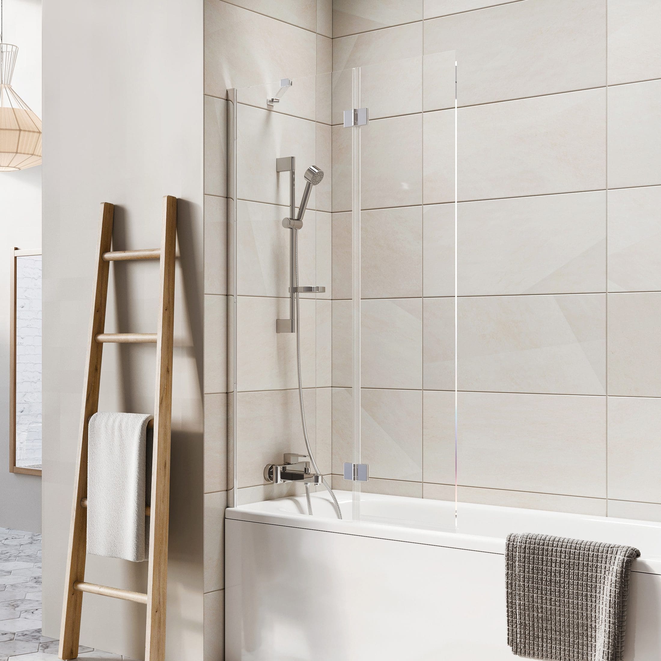 Contemporary bathroom with a built-in bathtub, glass shower screen, wall-mounted shower head, and neutral beige tiles, showcasing modern bathroom renovation and plumbing fixtures.