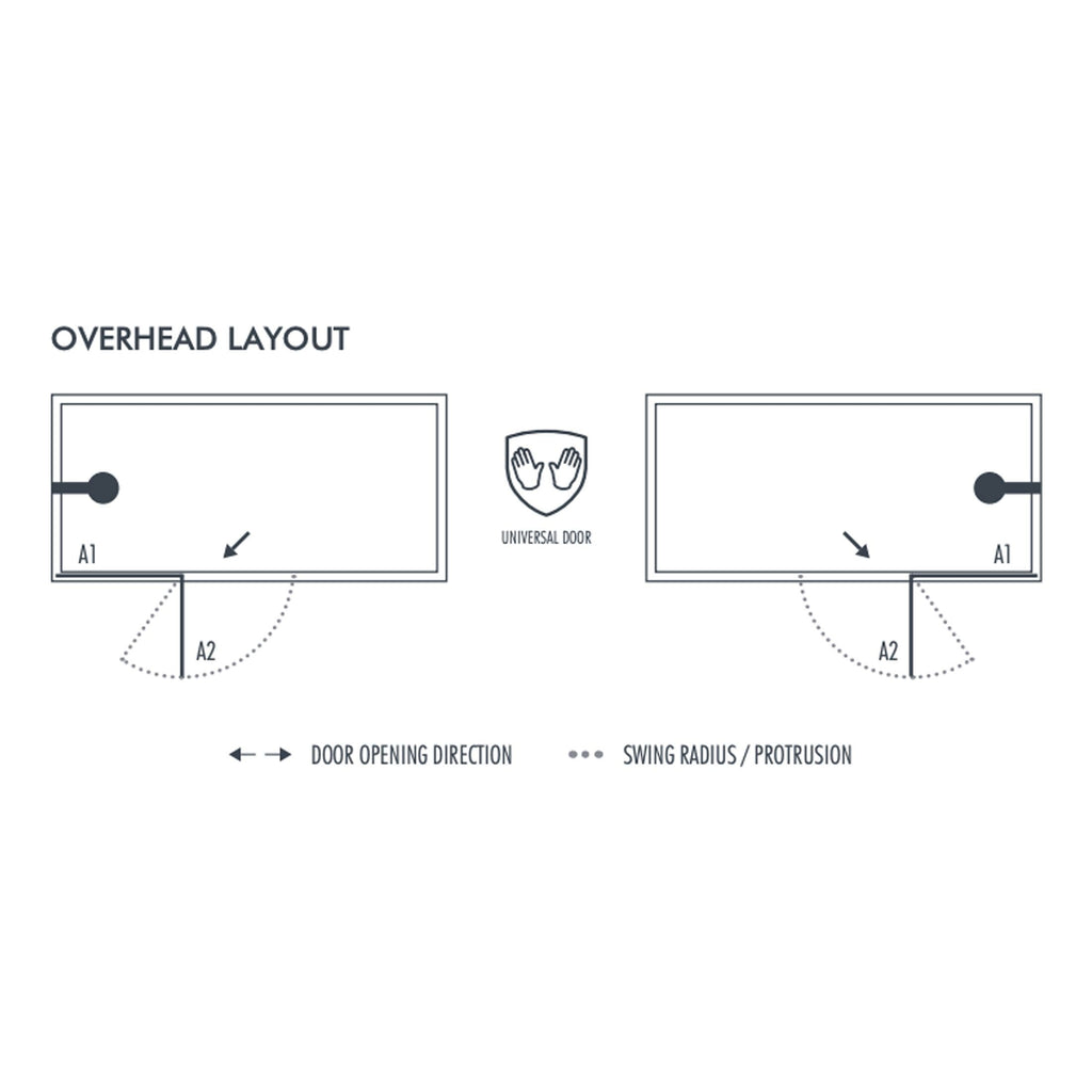Modern bathroom overhead door layout with sliding door mechanism, door opening direction, and swing radius illustrated for efficient space utilisation.