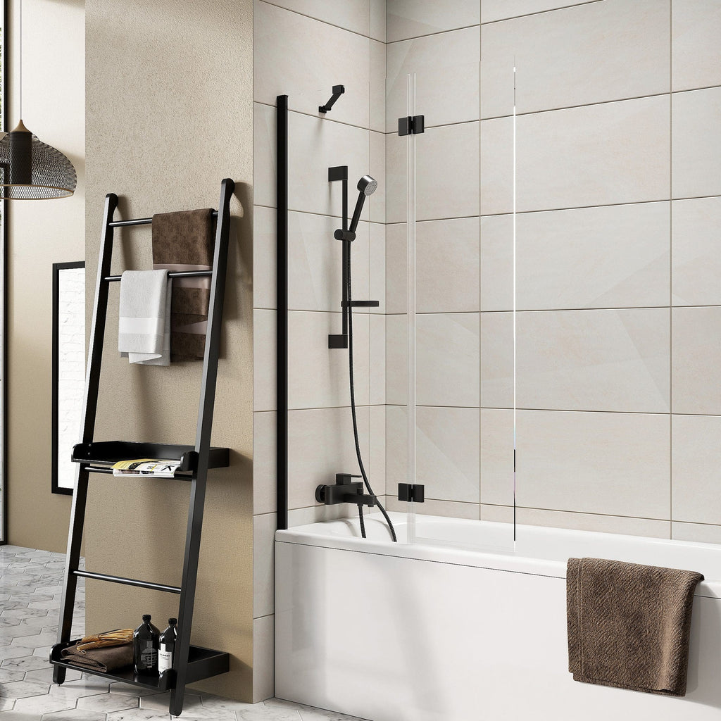 Contemporary black shower panel with handheld showerhead, bath tub with towel, modern beige tiled bathroom interior.