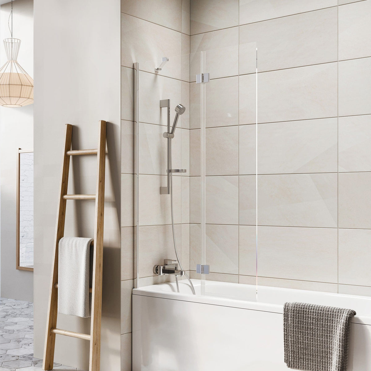 Modern beige tiled bathroom featuring a sleek shower system, bathtub, and minimalist wooden towel ladder for a stylish and functional bathroom design.
