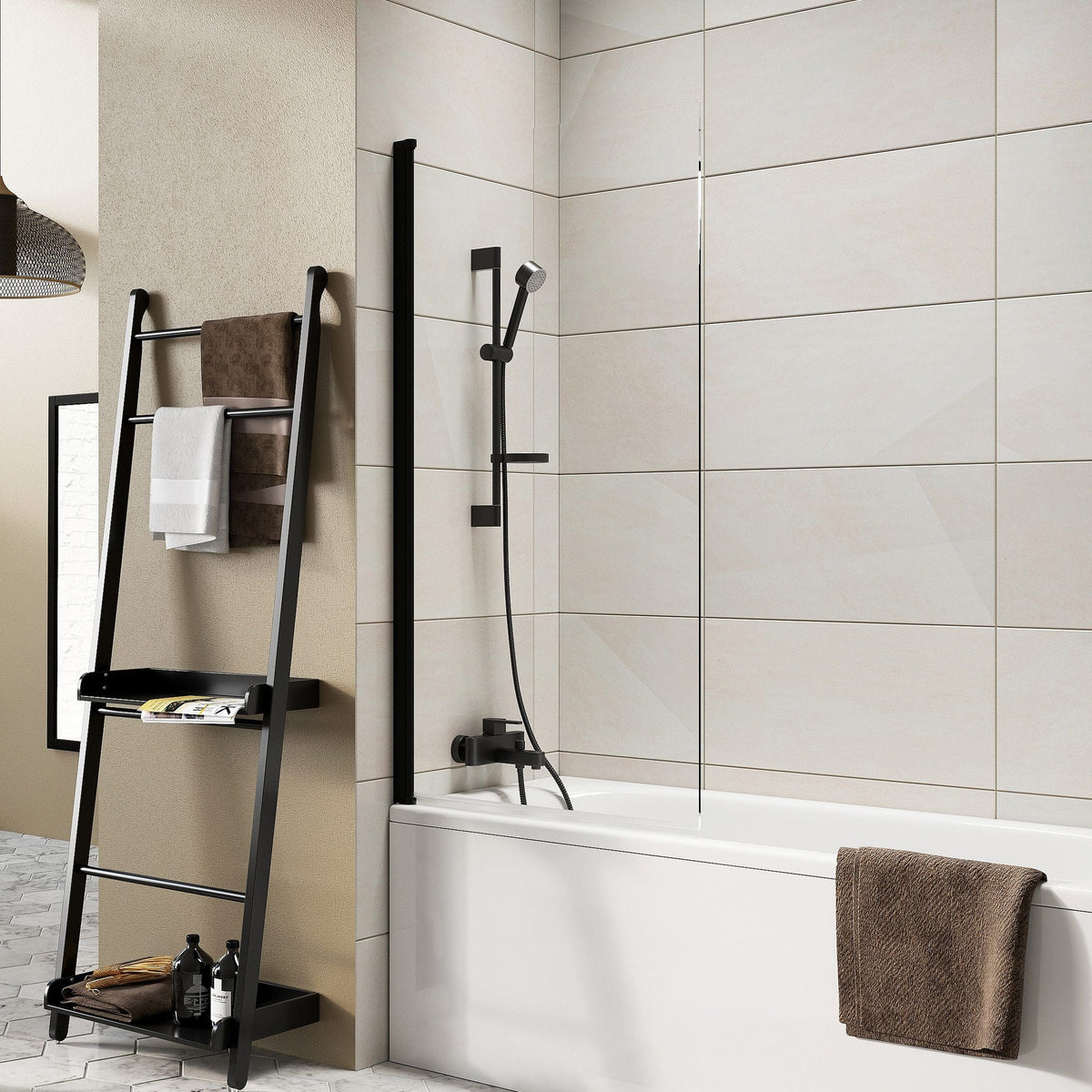 Modern black bathroom shower panel with handheld showerhead in a contemporary bathtub setting for stylish bathroom renovation.