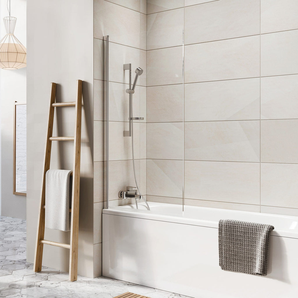 Luxe white bathtub with modern chrome shower fixtures, adjacent to a wooden towel ladder, in a beige-tiled bathroom with marble flooring - perfect for a sleek, stylish home bathroom renovation.