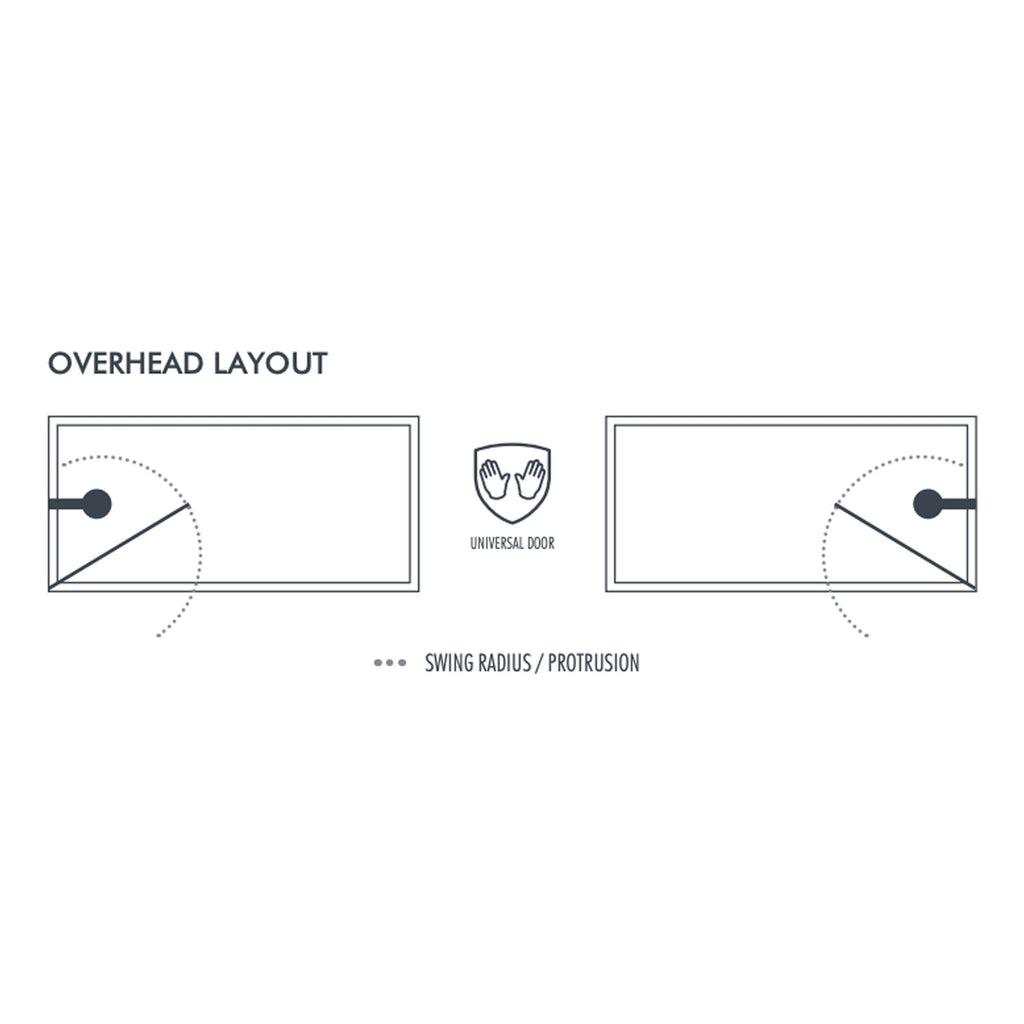 Smooth overhead bathroom layout with universal door, ideal for accessible design, featuring swing radius and protrusion for optimal space efficiency and style.