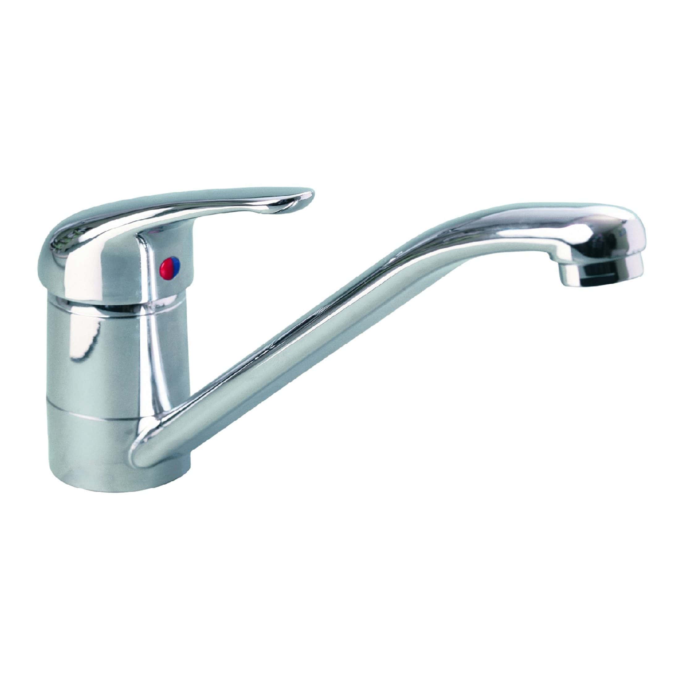 Sleek chrome kitchen faucet with single handle and side-mounted water temperature control, ideal for modern bathroom and kitchen renovation projects.
