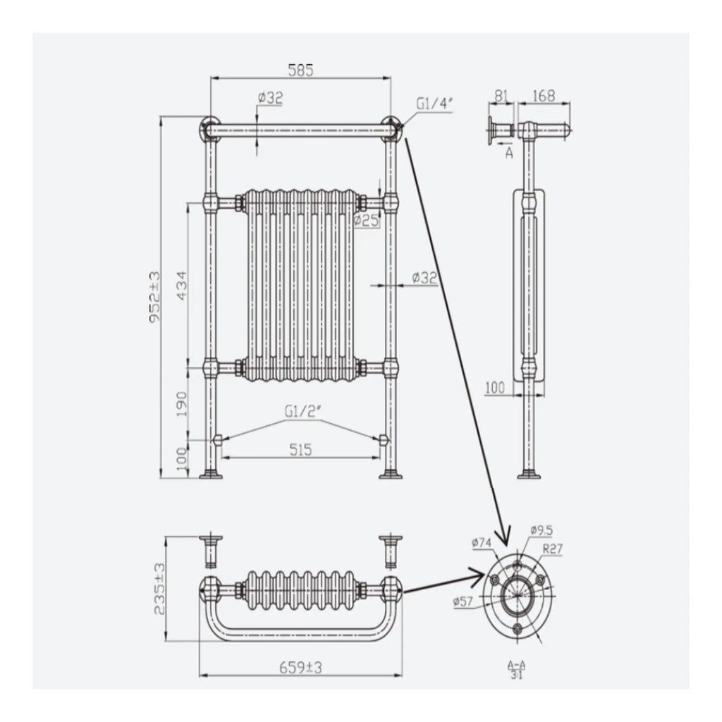 High-quality technical bathroom radiator design with detailed dimensions, suitable for modern bathroom heating solutions, showcasing advanced plumbing compatibility and installation features.
