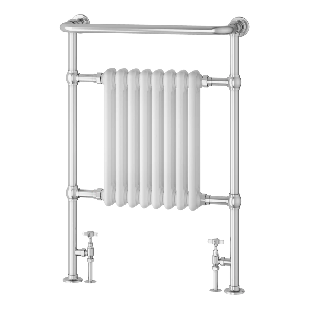Radiator with chrome pipes and vertical bars, ideal for modern bathroom heating and towel drying, showcasing contemporary radiator design.