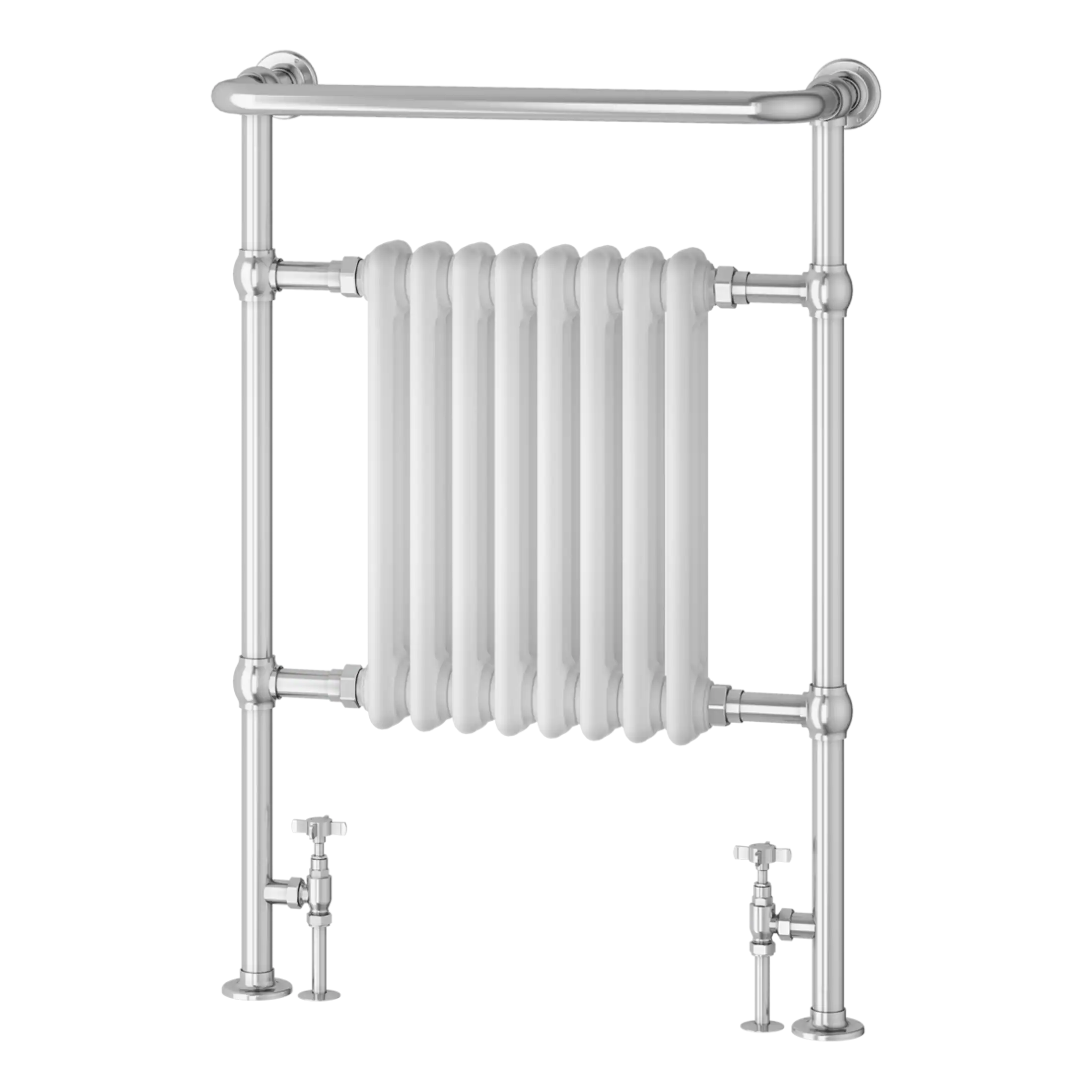 Radiator with chrome pipes and vertical bars, ideal for modern bathroom heating and towel drying, showcasing contemporary radiator design.