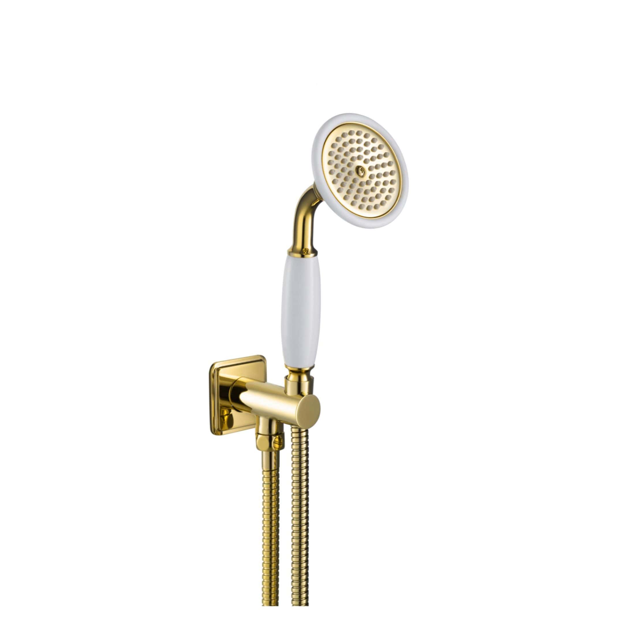 Shower head with a white and gold finish, wall-mounted, suitable for luxurious bathroom fittings, modern bathroom decor, and high-quality shower systems.