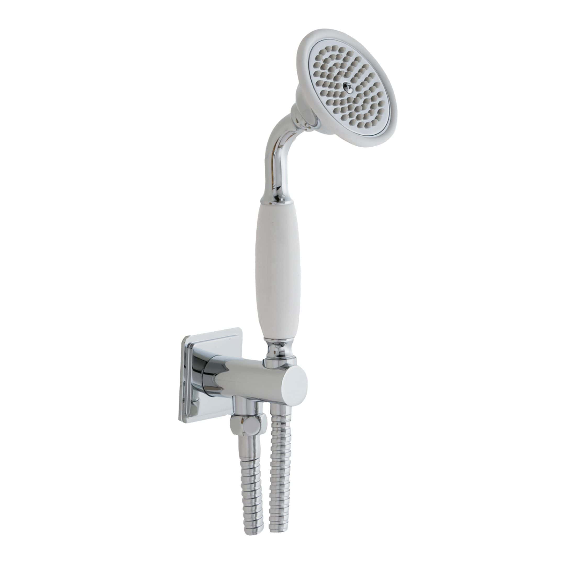 Shower hand-held spray with adjustable spray head and flexible hose for modern bathroom use. Chrome finish with ergonomic handle for comfortable grip. Ideal for wall-mounted installation in contemporary bathrooms.