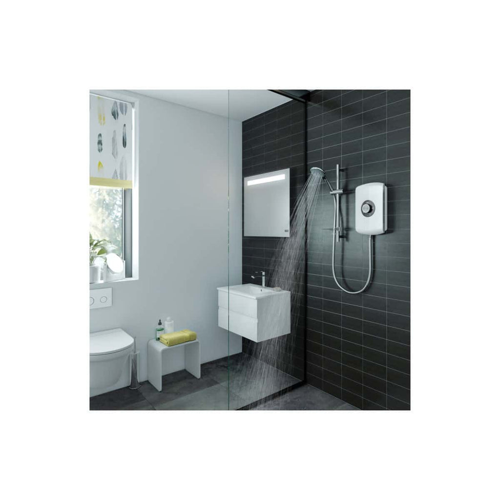 Modern bathroom with walk-in shower featuring black wall tiles, a sleek white vanity unit, and contemporary fixtures showcasing Bubly Bathrooms' stylish bathroom design solutions.