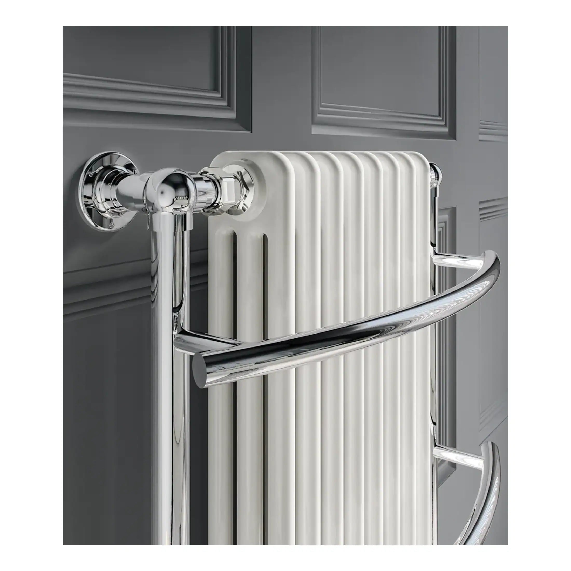 Polished chrome towel radiator with white radiator on grey paneled wall, modern heated towel rail, luxury bathroom heating fixture, stylish radiator design, Bubly Bathrooms.