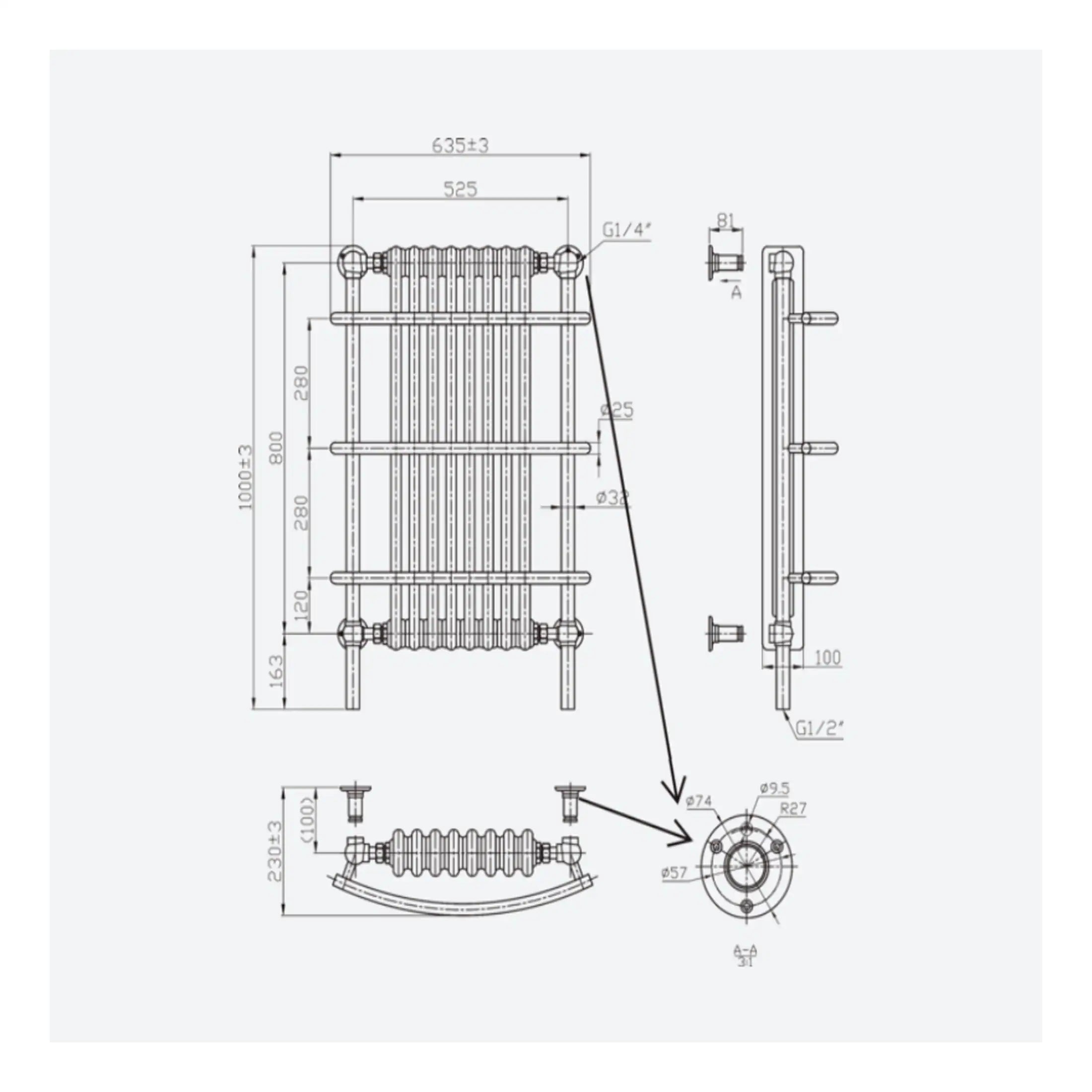 High-quality bathroom radiator technical drawing with detailed measurements, designed for modern bathroom heating solutions, showcasing efficient heat distribution and sleek design.