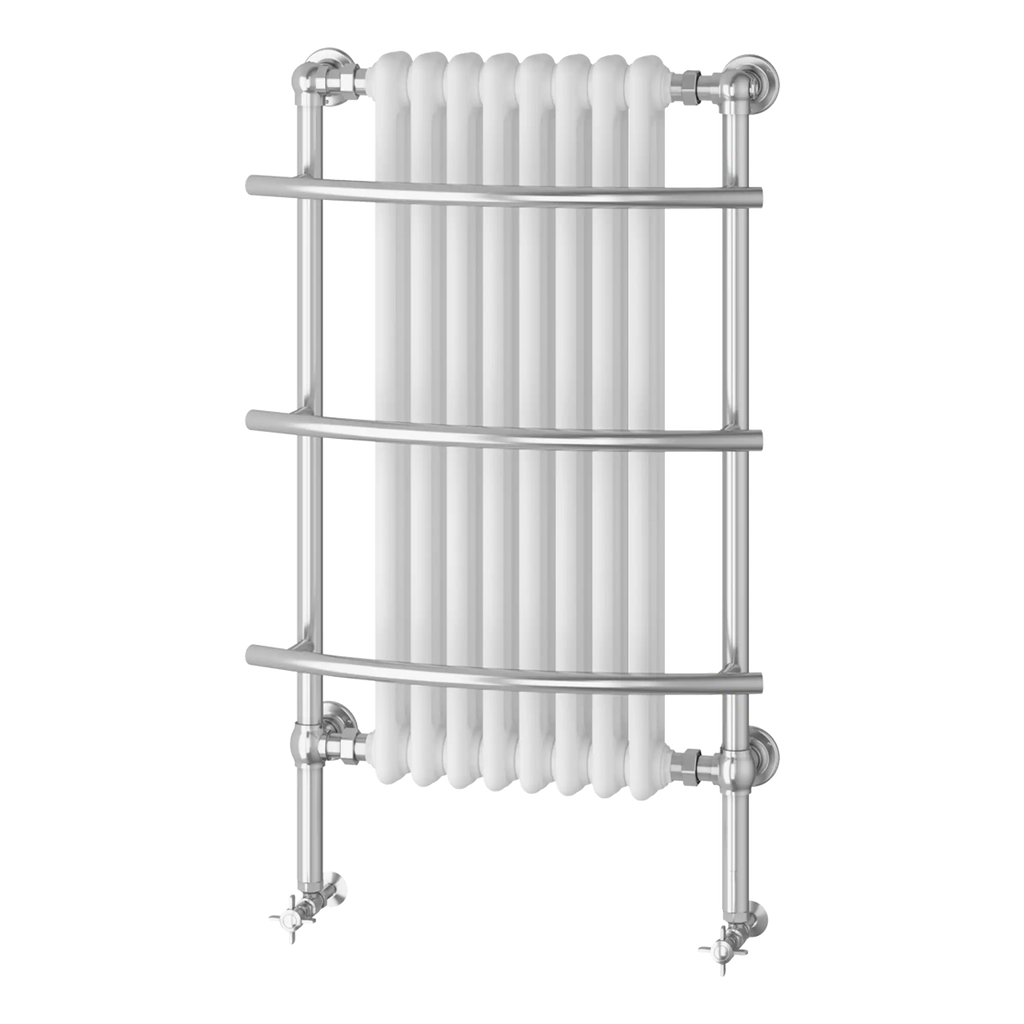 Radiator with white vertical panels and metal piping, ideal for modern bathroom heating systems. Durable and stylish, suitable for contemporary bathroom decor.