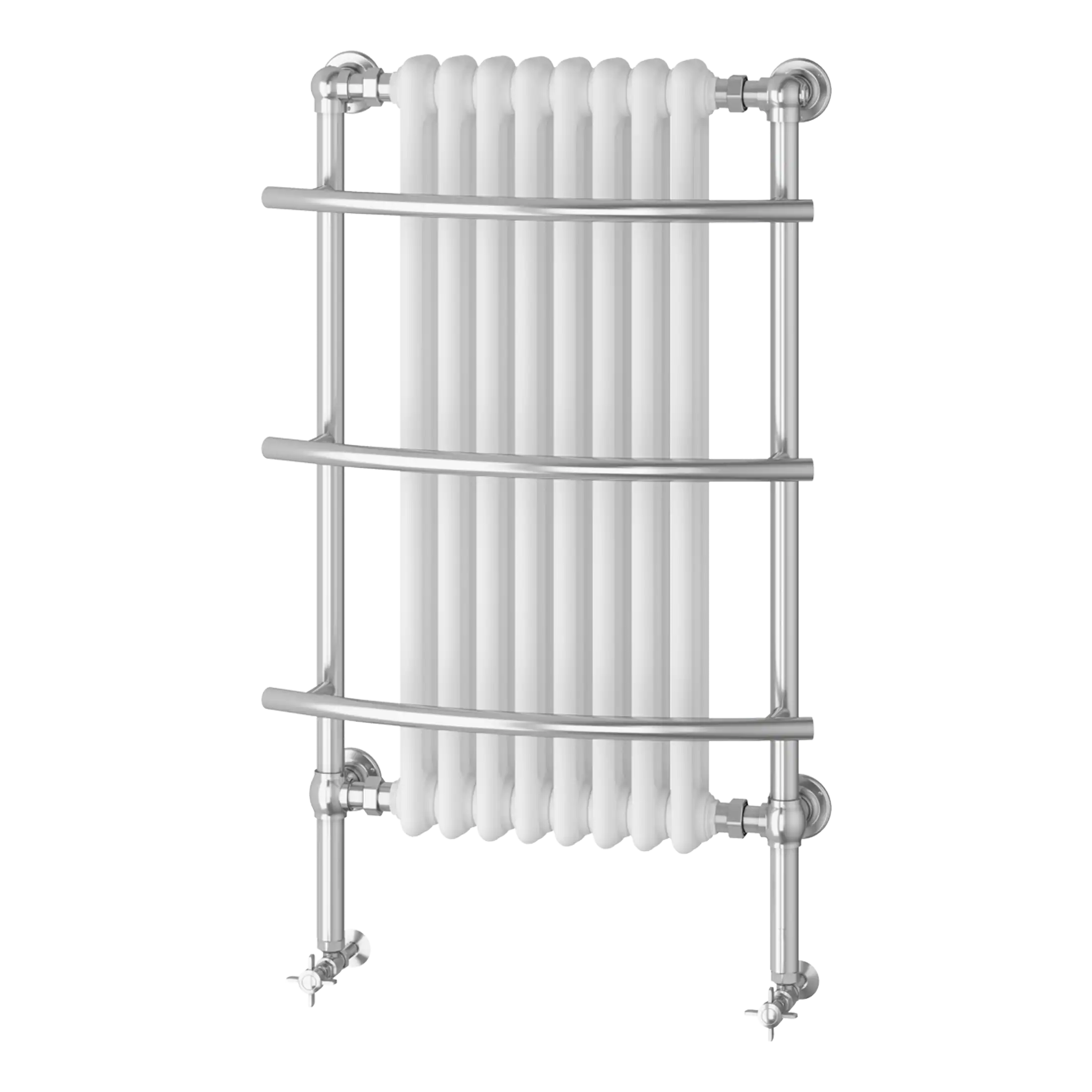 Radiator with white vertical panels and metal piping, ideal for modern bathroom heating systems. Durable and stylish, suitable for contemporary bathroom decor.