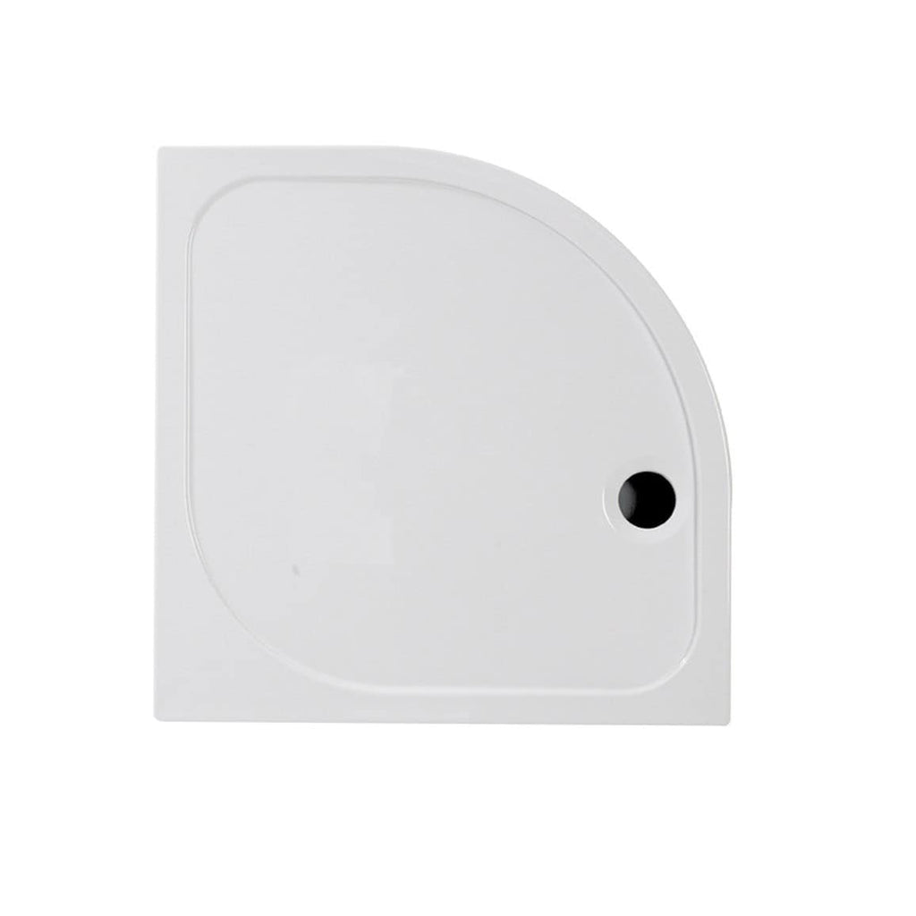 Smooth white corner shower tray with a modern minimalist design, ideal for contemporary bathroom renovations and spa-like bathroom furnishings. Perfect accessory for shower enclosures and bathroom upgrades.