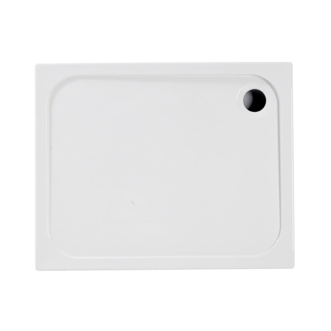 Modern white shower base with a minimalist design and a sleek black drain cover, perfect for contemporary bathroom spaces focused on style and functionality.