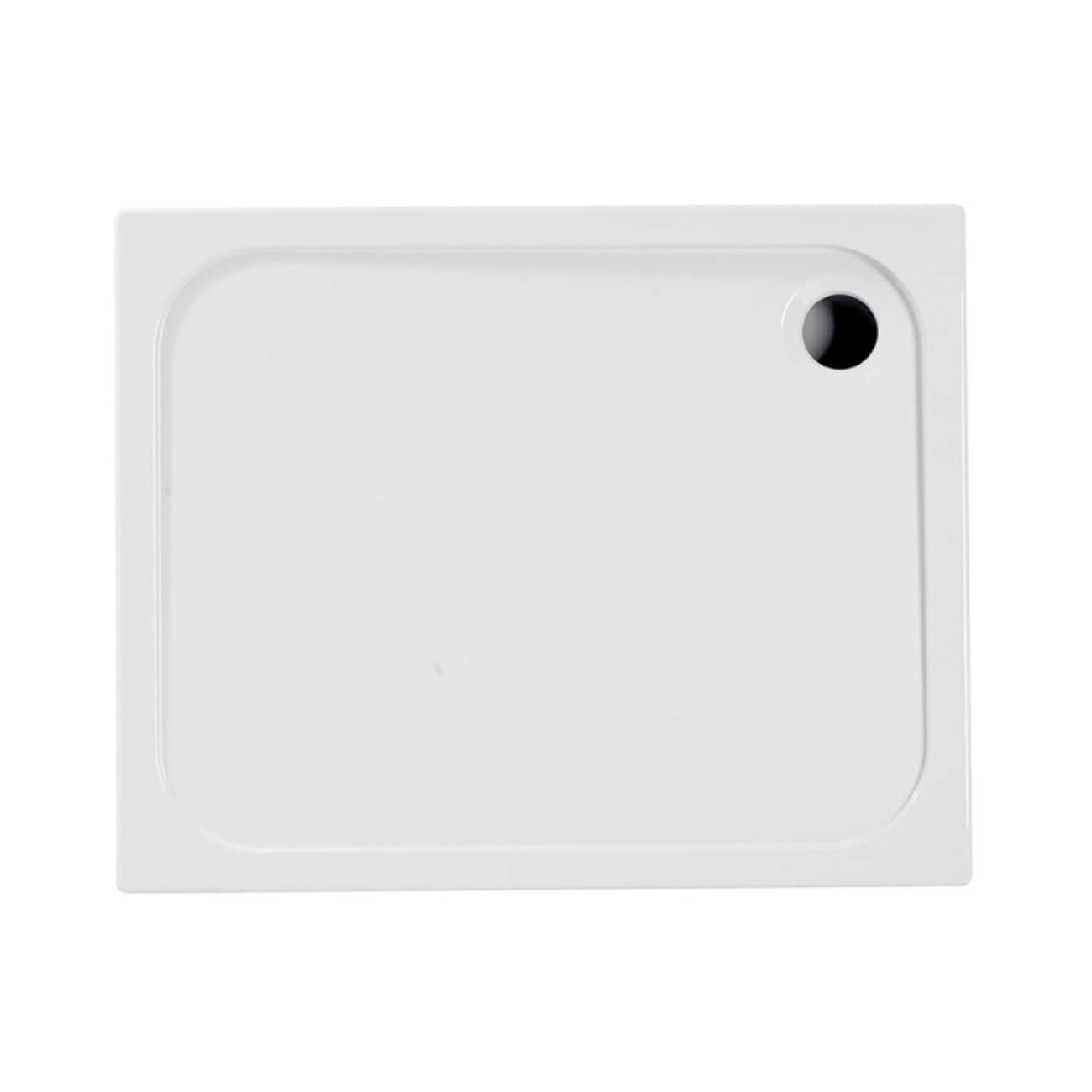 White rectangular shower tray with a black circular drain hole, designed for modern bathroom installations. Ideal for sleek, easy-to-clean shower enclosures.