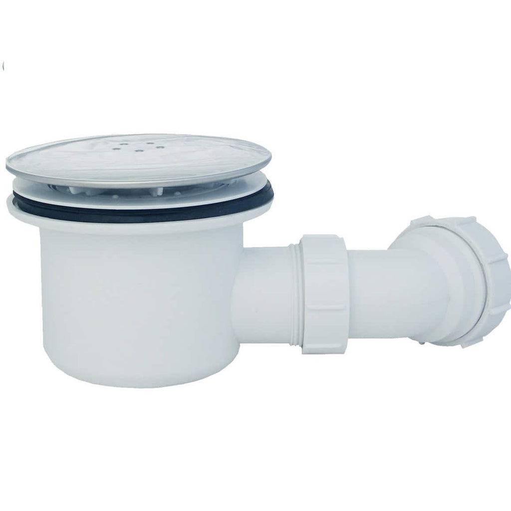 Drain trap with adjustable connection for bathroom plumbing, durable white PVC material, suitable for sinks and basins. Efficiently prevents leaks and odours in bathroom installation.