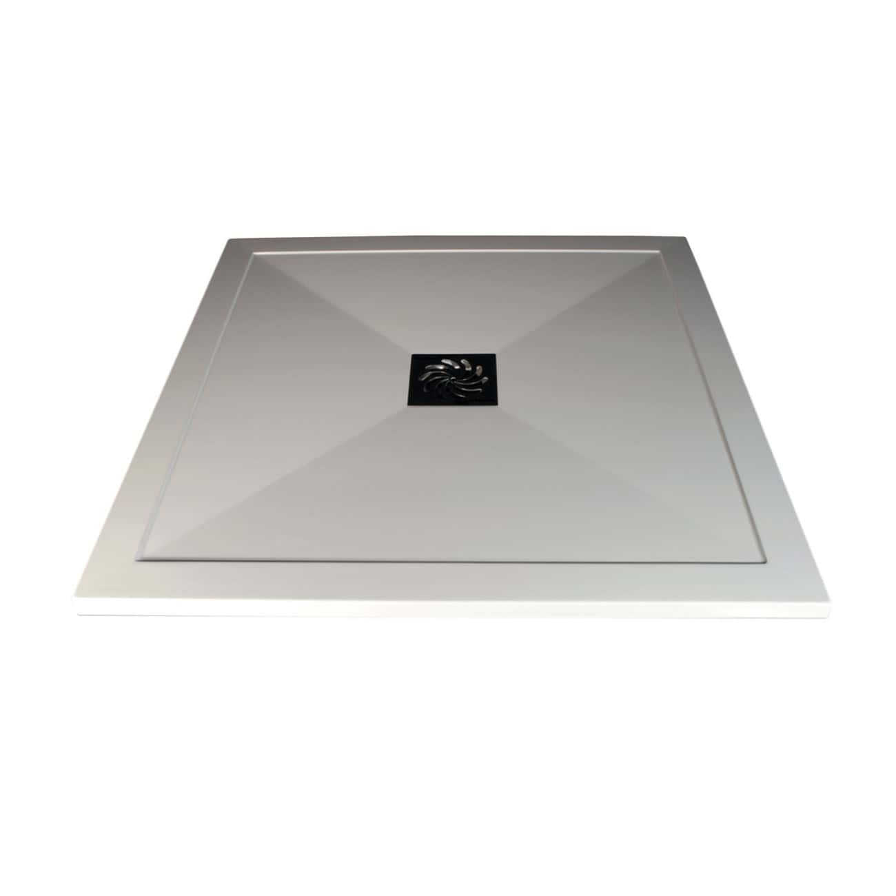 Polished stainless steel shower tray with a modern square design and central drain, ideal for contemporary bathroom renovation and high-quality shower installations.